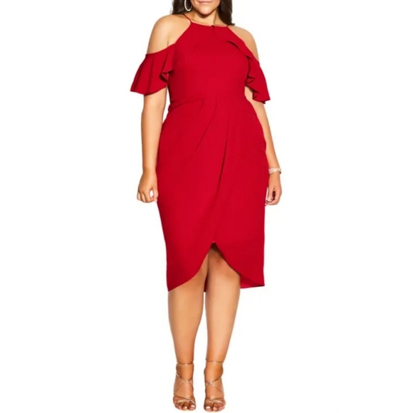 City Chic Dresses & Skirts - City Chic love red siren cold shoulder wrap midi dress
